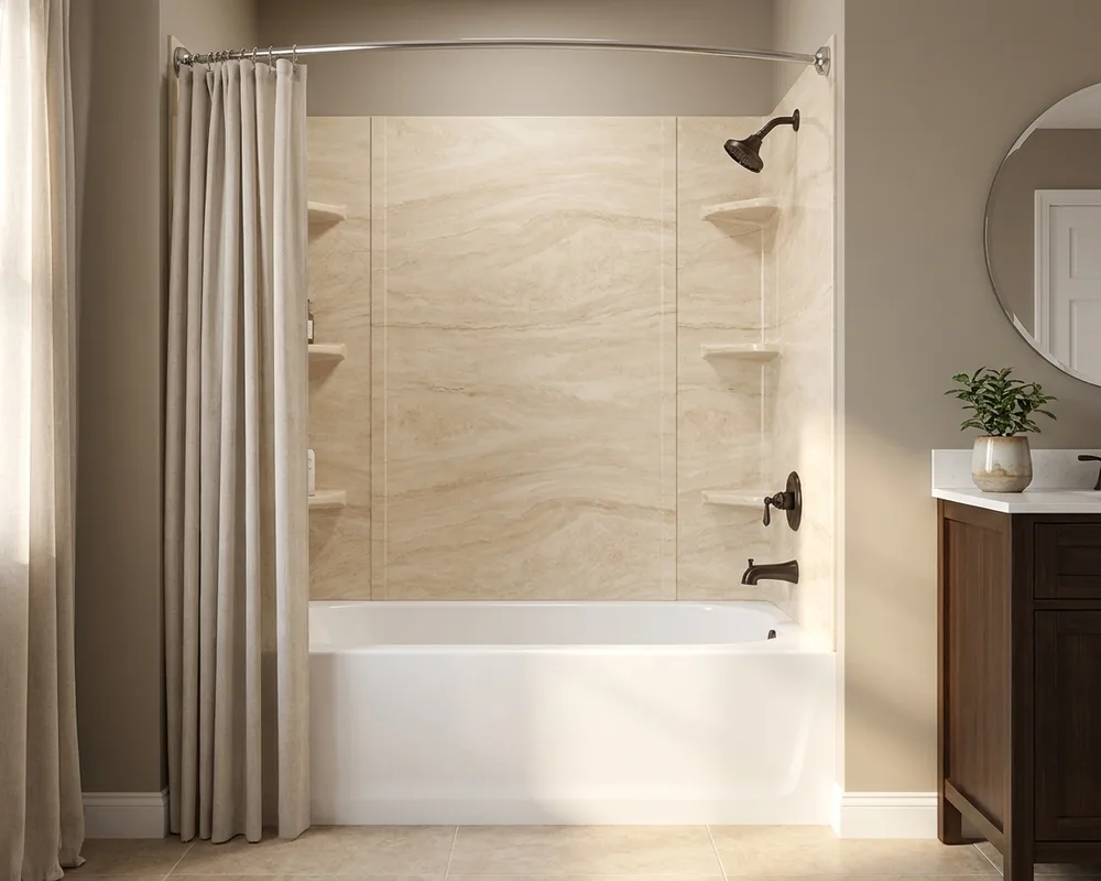 White acrylic bathtub with Creme Travertine acrylic tub surround and corner shelves