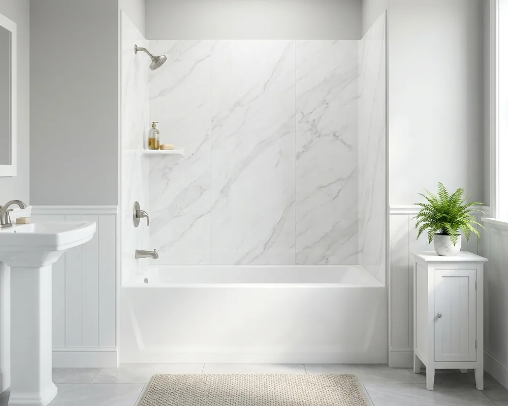 New white acrylic bathtub with Calacatta White grout-free acrylic wall surround