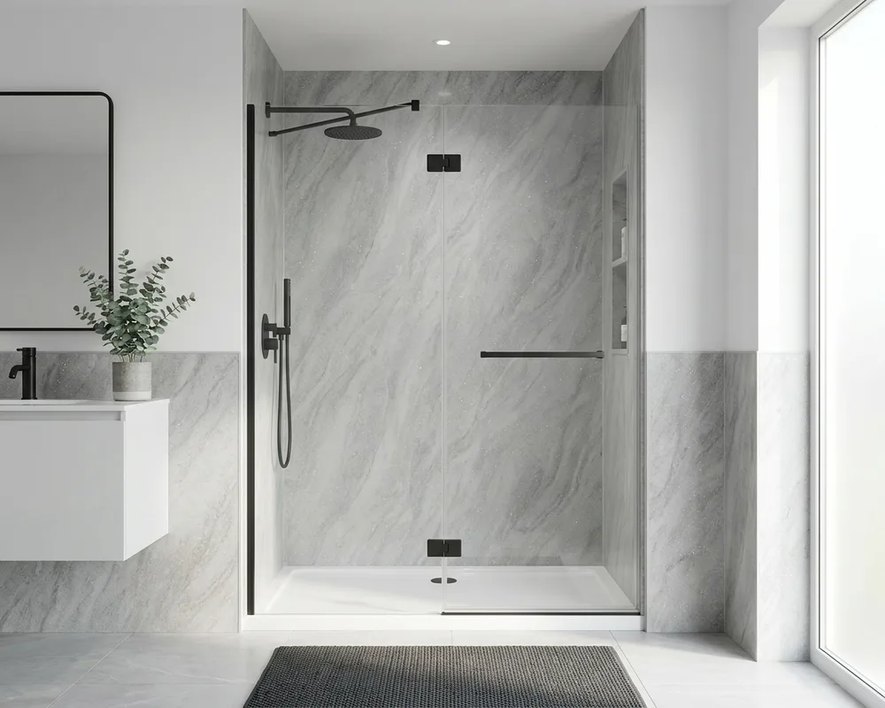 Walk-in shower with Gray Quartz acrylic walls, matching wainscoting and frameless glass door