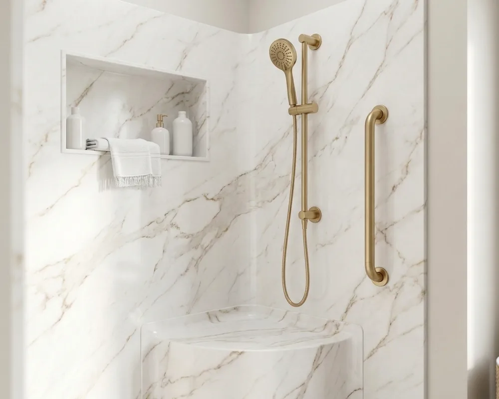 Shower corner with built-in seat, grab bar and grout-free Calcutta Gold acrylic wall panels