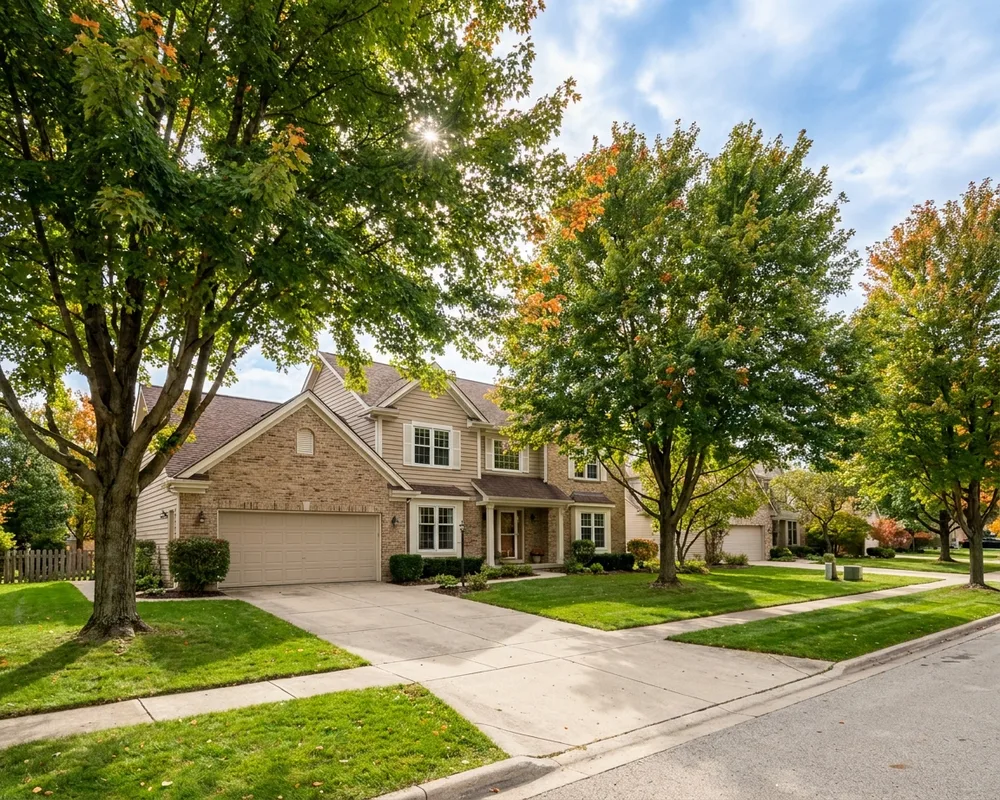 Two-story suburban home on a tree-lined street in the Chicago suburbs