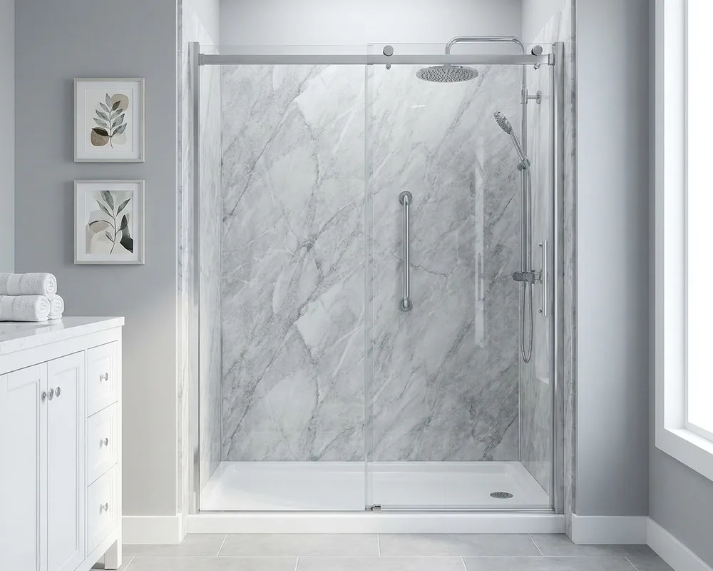 Walk-in shower from a tub to shower conversion with Veincut Gray marble-look acrylic walls