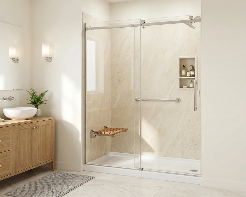 Low-threshold walk-in shower with Alaskan Ivory acrylic walls, fold-down seat and glass sliding door